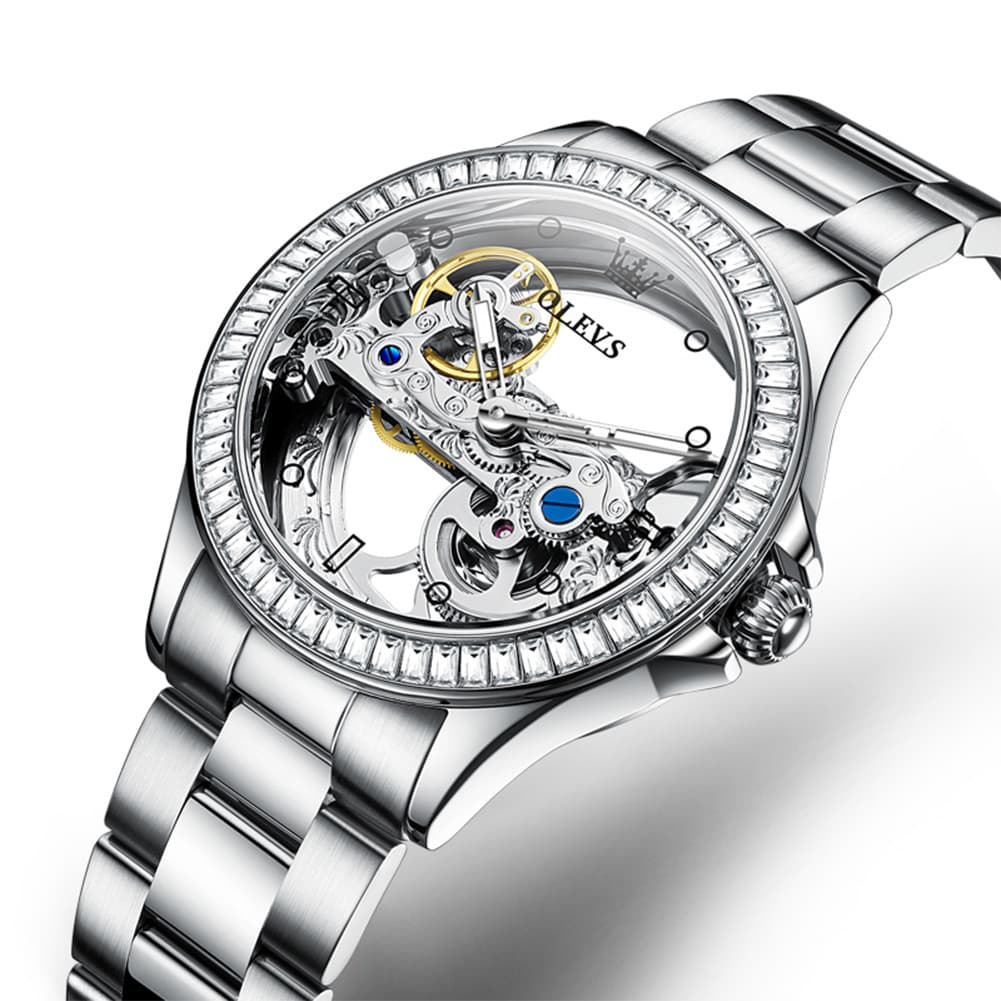 OLEVS 6699 Oversized Skeleton Mechanical Watch for Women - Steel Gold Watch | Olevs Watch Store