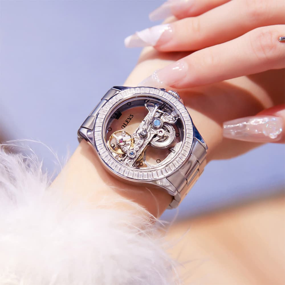 OLEVS 6699 Oversized Skeleton Mechanical Watch for Women - Steel Gold Watch | Olevs Watch Store