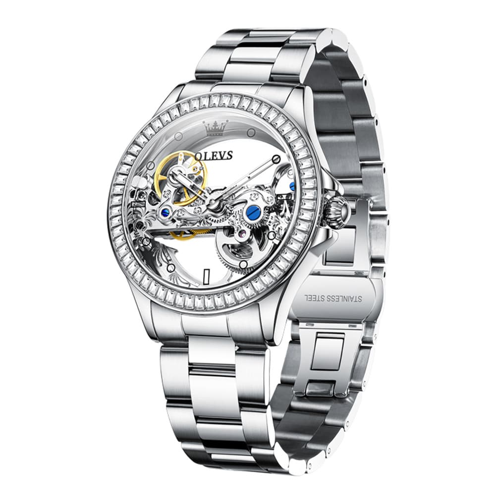 OLEVS 6699 Oversized Skeleton Mechanical Watch for Women - Steel Gold Watch | Olevs Watch Store