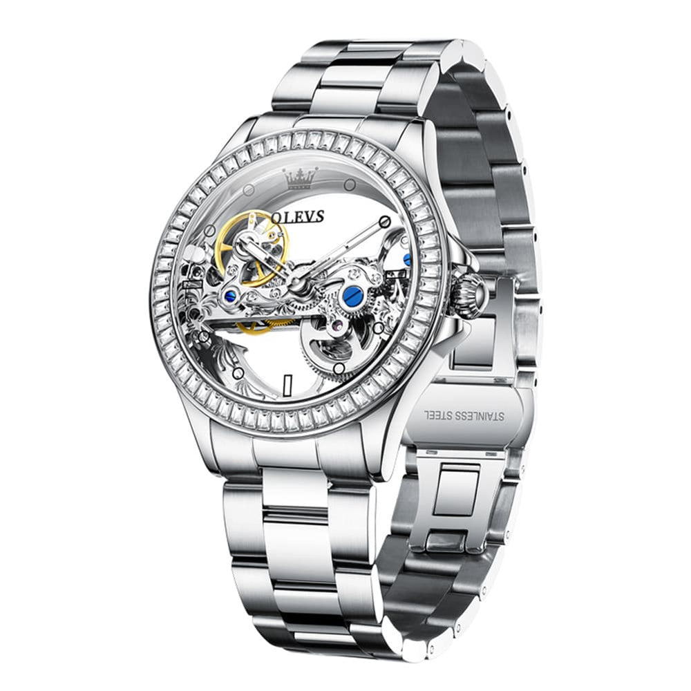 OLEVS 6699 Oversized Skeleton Mechanical Watch for Women - Steel Gold Watch | Olevs Watch Store