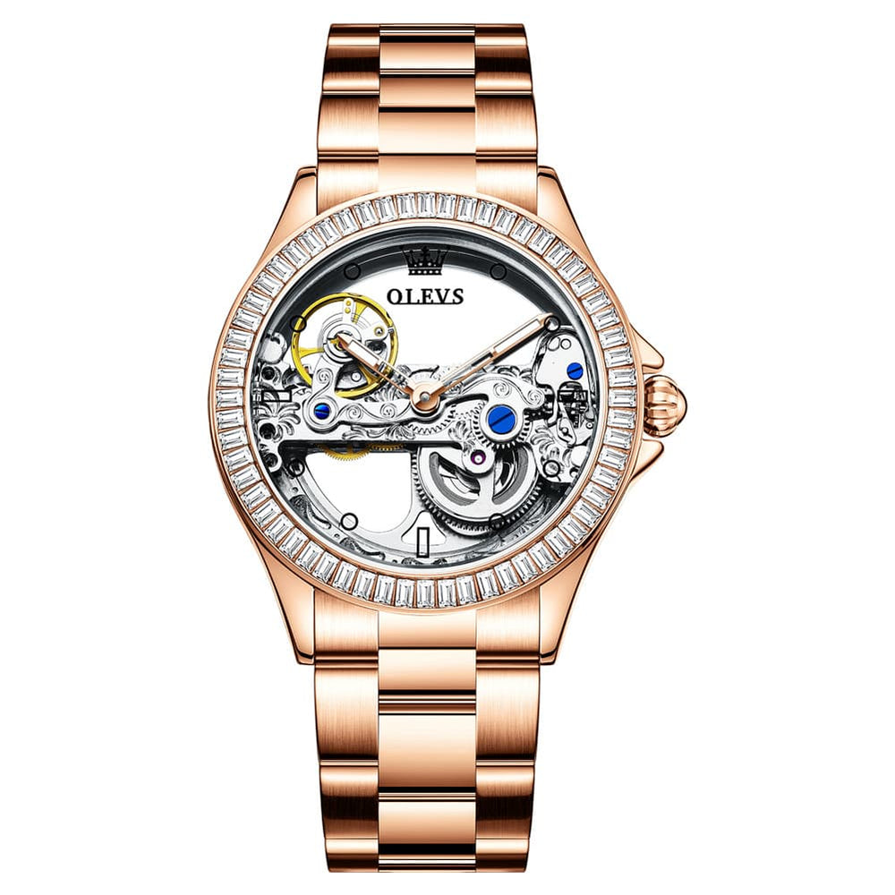 OLEVS 6699 Oversized Skeleton Mechanical Watch for Women - Steel Rose Gold Watch | Olevs Watch Store