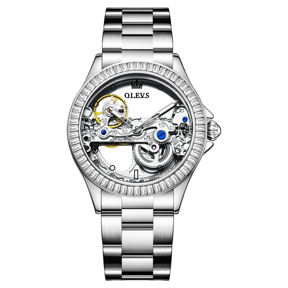 OLEVS 6699 Oversized Skeleton Mechanical Watch for Women - Steel Silver Watch | Olevs Watch Store