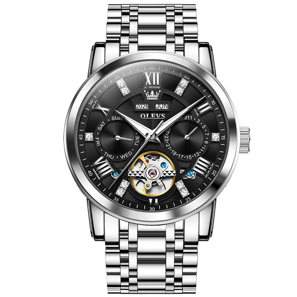 OLEVS 6701 Skeleton Automatic Mechanical Stainless Steel Watch For Men - Silver Black Watch | Olevs Watch Store