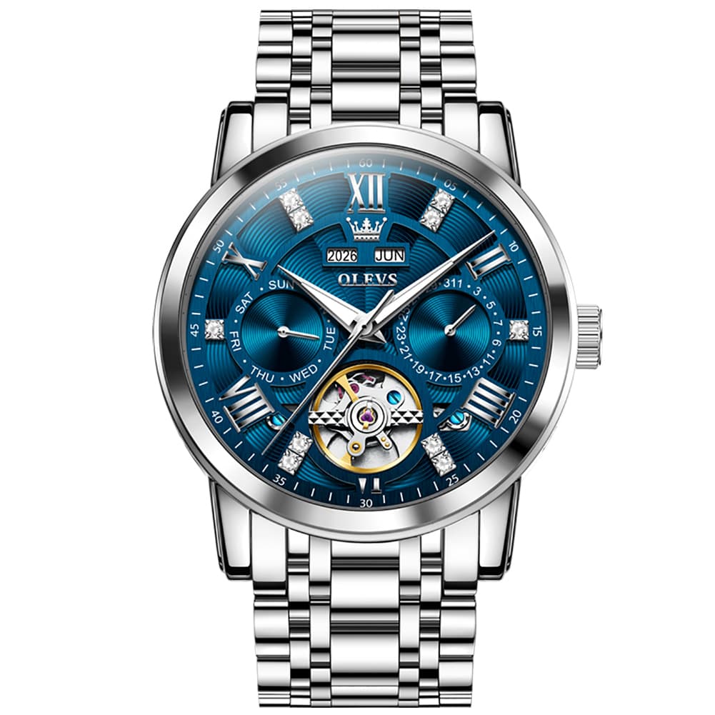 OLEVS 6701 Skeleton Automatic Mechanical Stainless Steel Watch For Men - Silver Blue Watch | Olevs Watch Store