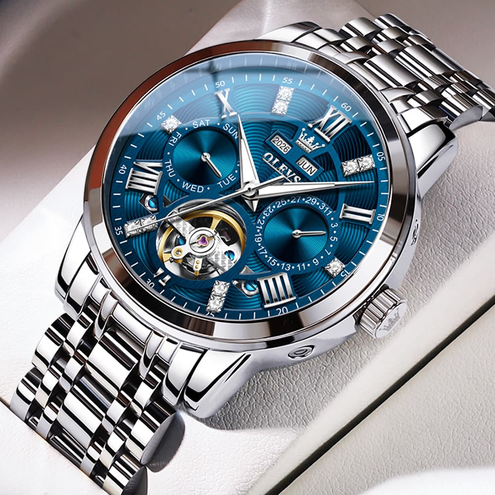OLEVS 6701 Skeleton Automatic Mechanical Stainless Steel Watch For Men - Silver White Watch | Olevs Watch Store