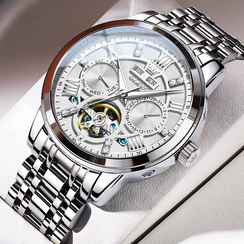 OLEVS 6701 Skeleton Automatic Mechanical Stainless Steel Watch For Men - Silver White Watch | Olevs Watch Store