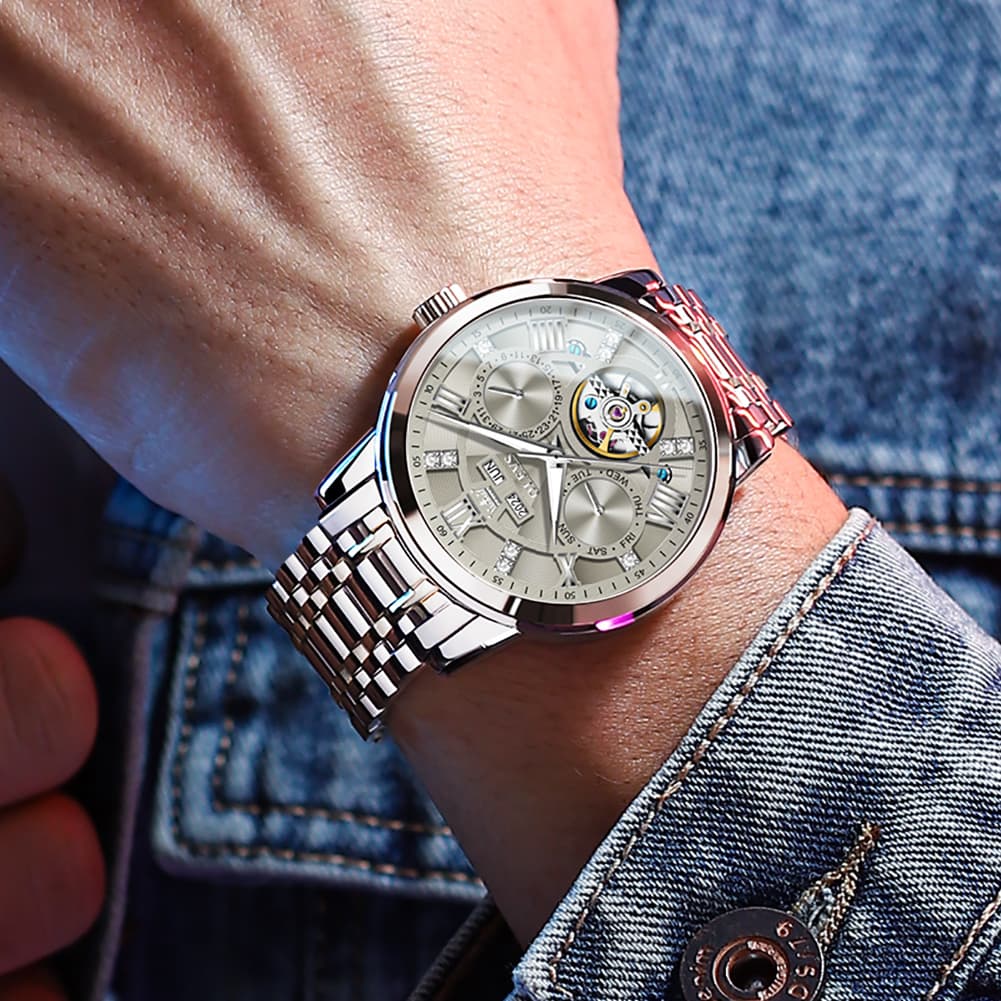 OLEVS 6701 Skeleton Automatic Mechanical Stainless Steel Watch For Men - Silver White Watch | Olevs Watch Store