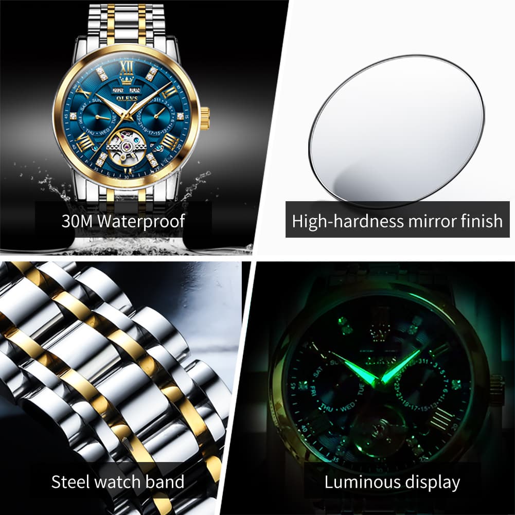 OLEVS 6701 Skeleton Automatic Mechanical Stainless Steel Watch For Men - Silver White Watch | Olevs Watch Store