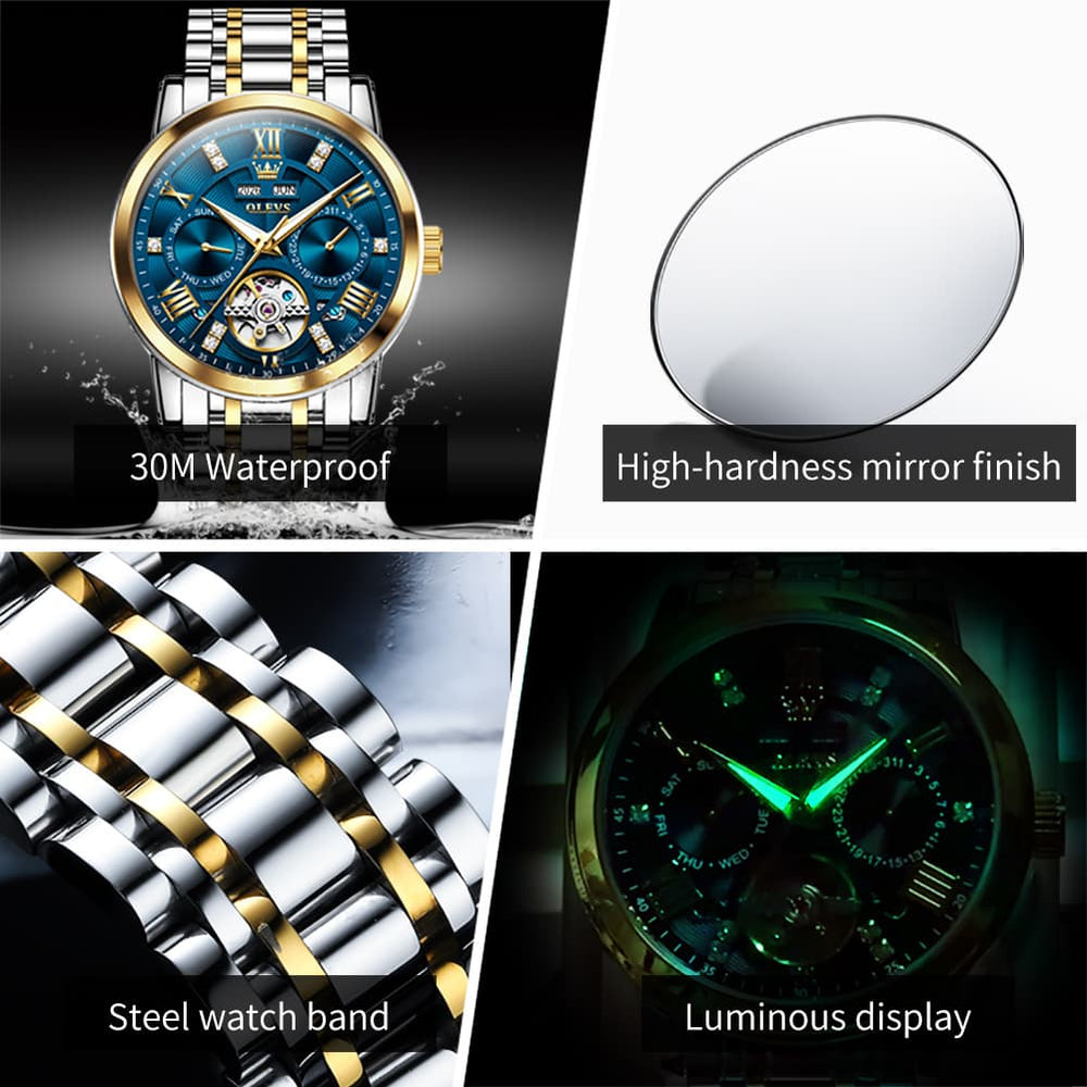 OLEVS 6701 Skeleton Automatic Mechanical Stainless Steel Watch For Men - Silver White Watch | Olevs Watch Store