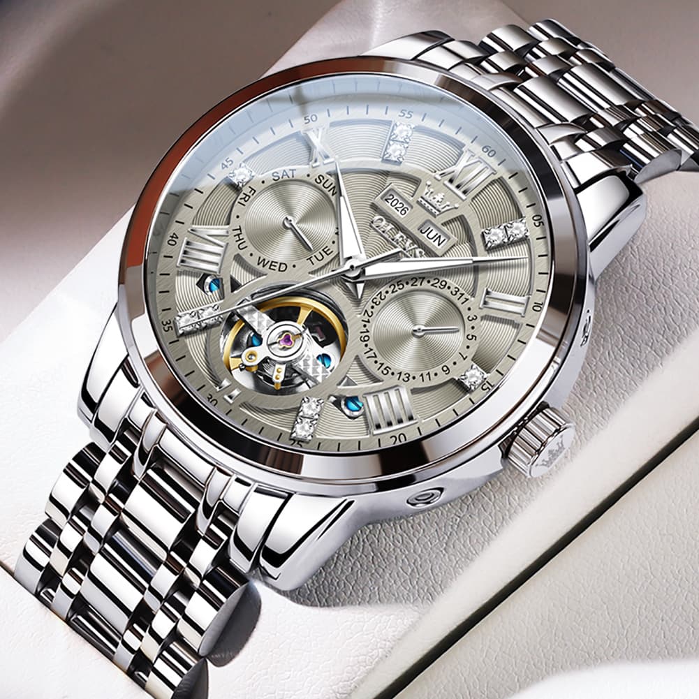 OLEVS 6701 Skeleton Automatic Mechanical Stainless Steel Watch For Men - Silver White Watch | Olevs Watch Store