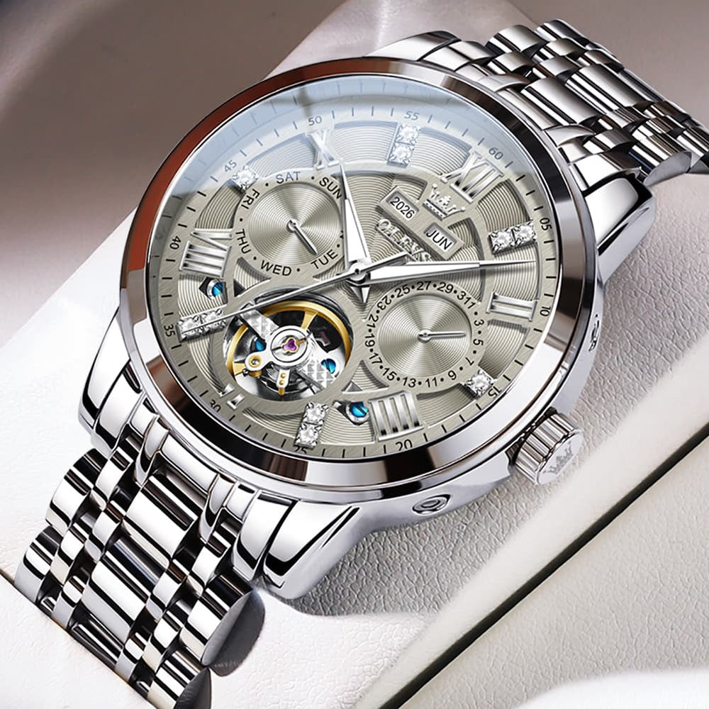 OLEVS 6701 Skeleton Automatic Mechanical Stainless Steel Watch For Men - Silver White Watch | Olevs Watch Store
