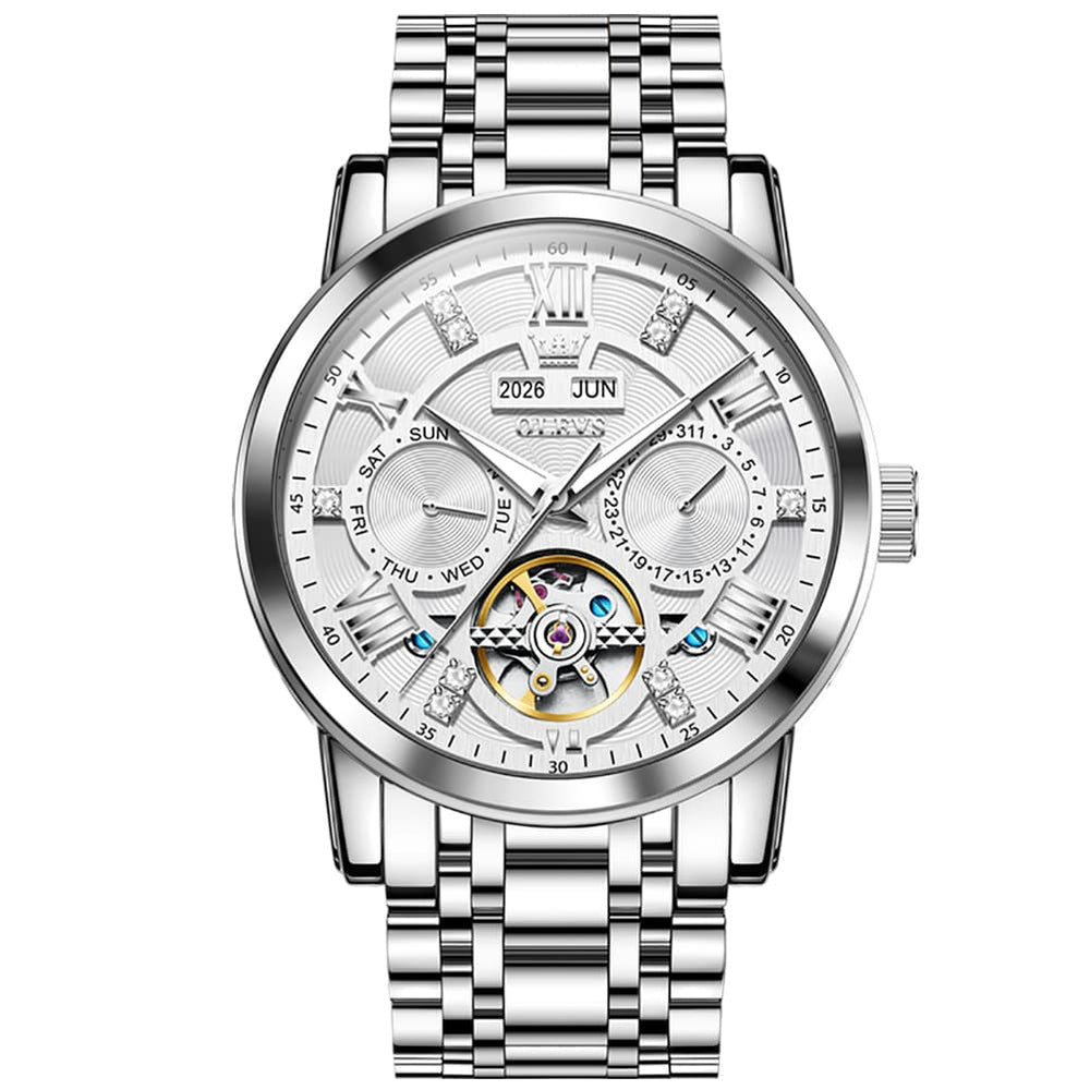 OLEVS 6701 Skeleton Automatic Mechanical Stainless Steel Watch For Men - Silver White Watch | Olevs Watch Store
