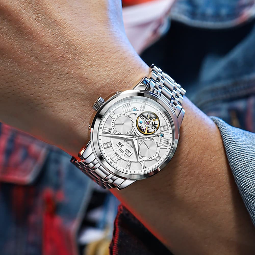 OLEVS 6701 Skeleton Automatic Mechanical Stainless Steel Watch For Men - Silver White Watch | Olevs Watch Store