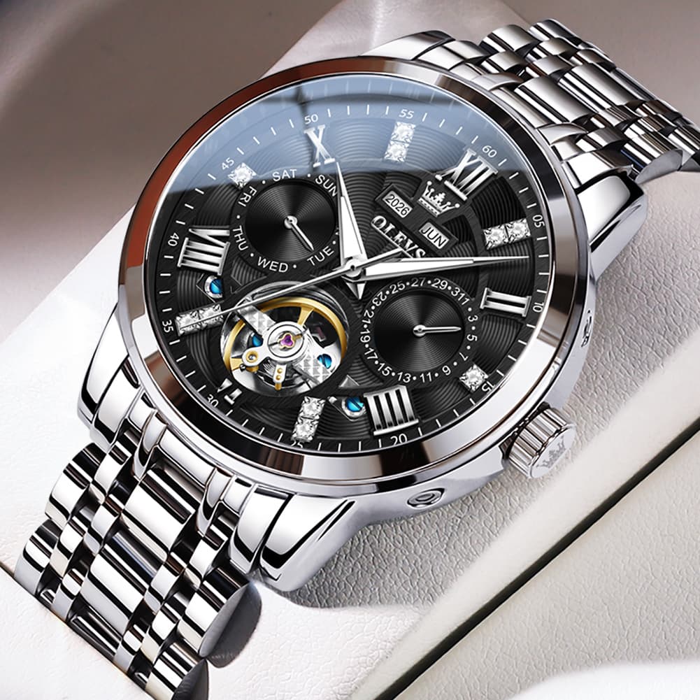 OLEVS 6701 Skeleton Automatic Mechanical Stainless Steel Watch For Men - Silver White Watch | Olevs Watch Store