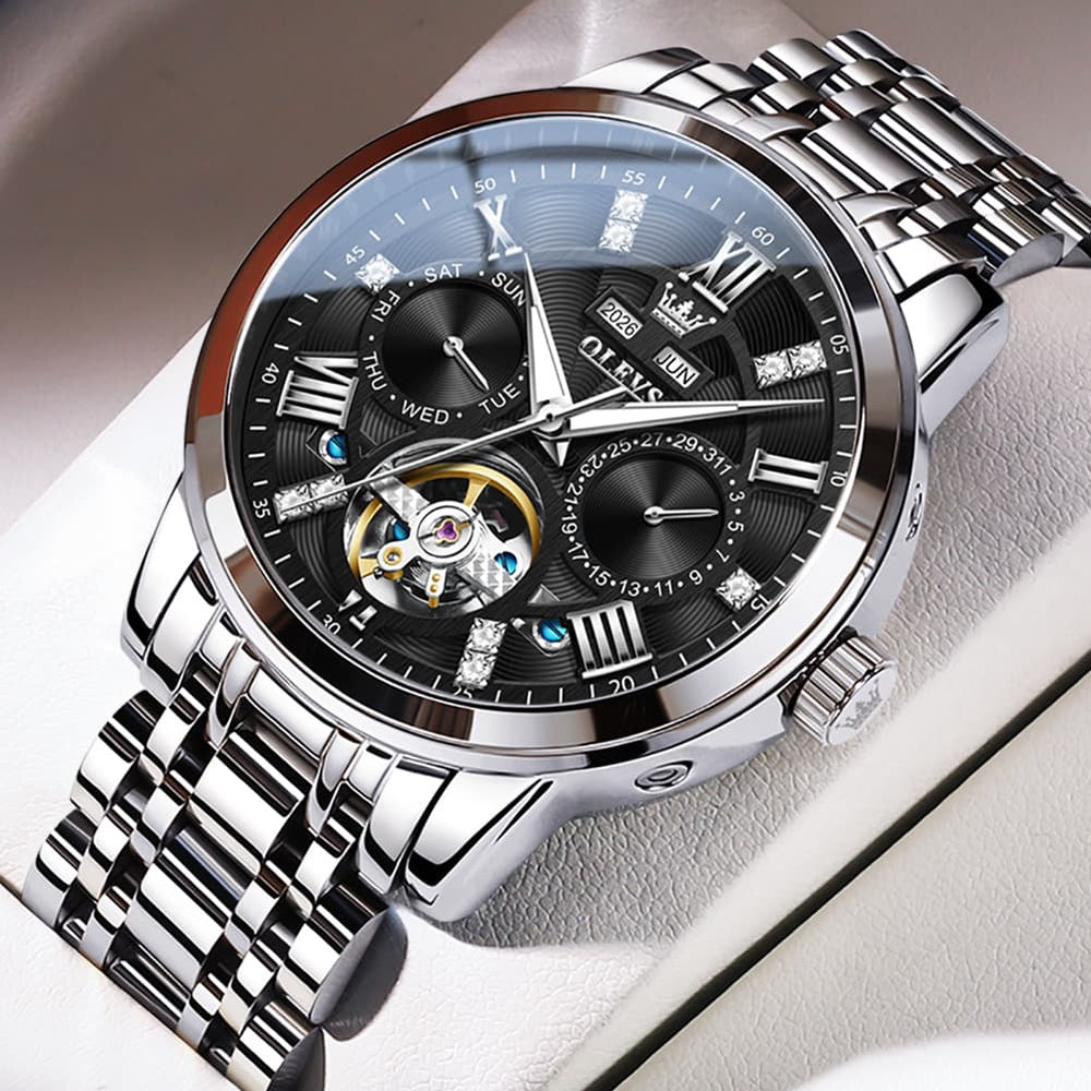 OLEVS 6701 Skeleton Automatic Mechanical Stainless Steel Watch For Men - Silver White Watch | Olevs Watch Store