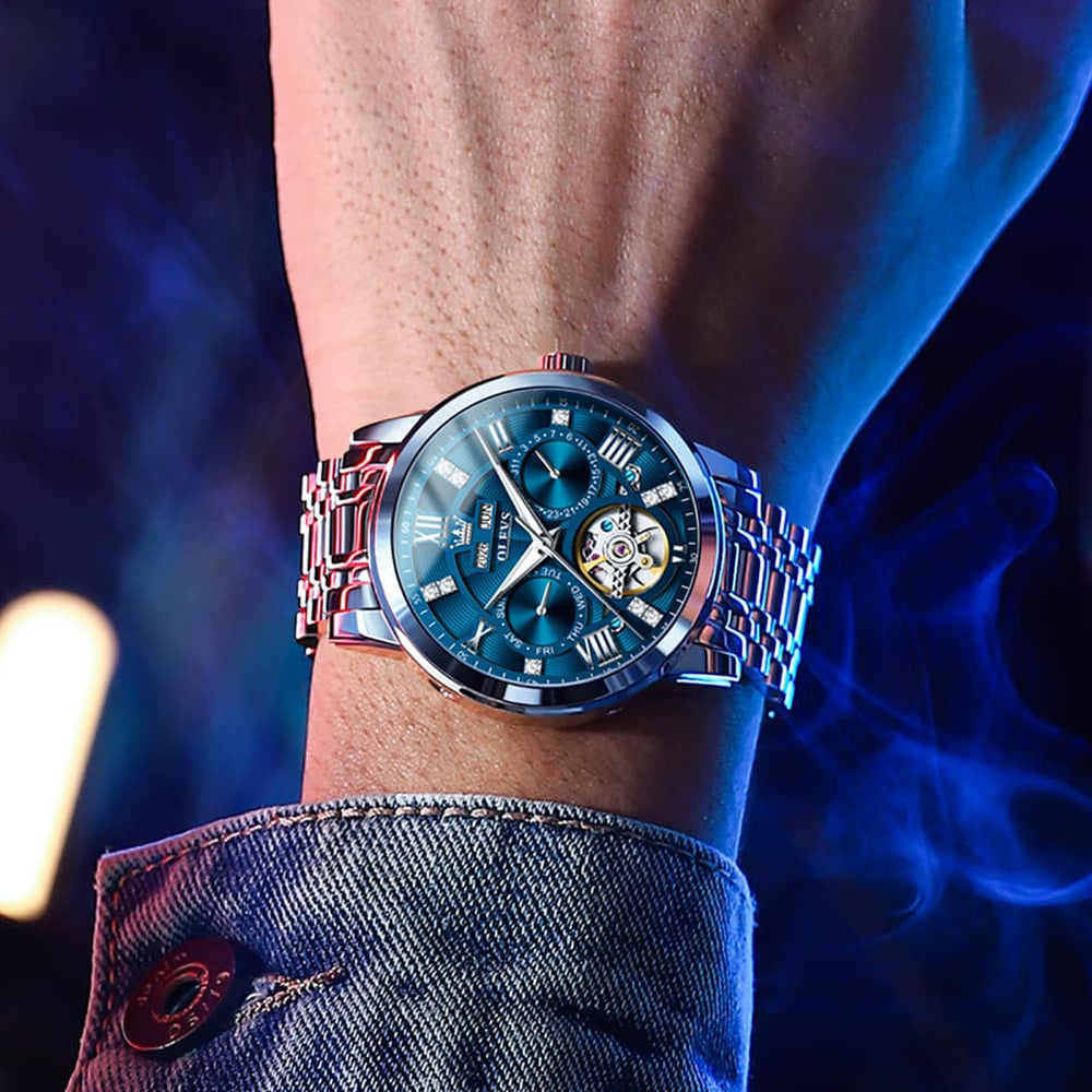 OLEVS 6701 Skeleton Automatic Mechanical Stainless Steel Watch For Men - Silver White Watch | Olevs Watch Store