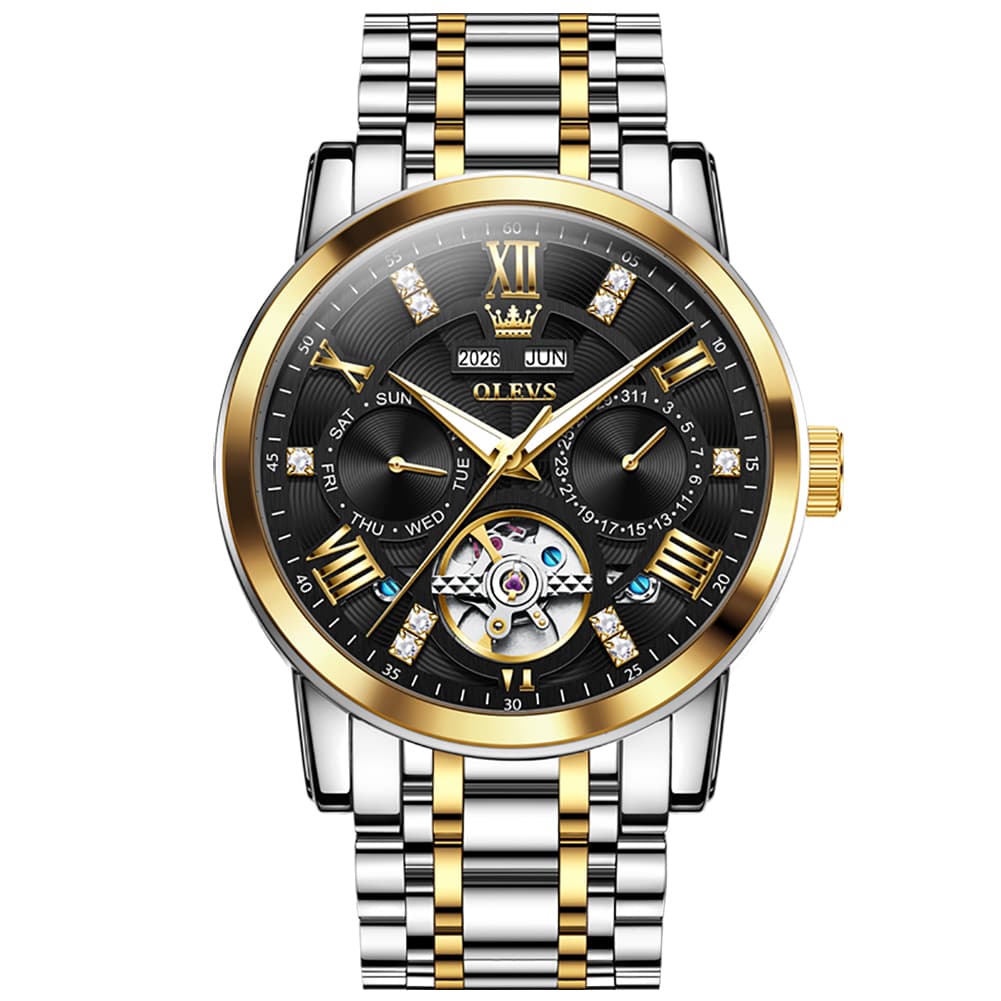 OLEVS 6701 Skeleton Automatic Mechanical Stainless Steel Watch For Men - Two Tone Black Watch | Olevs Watch Store