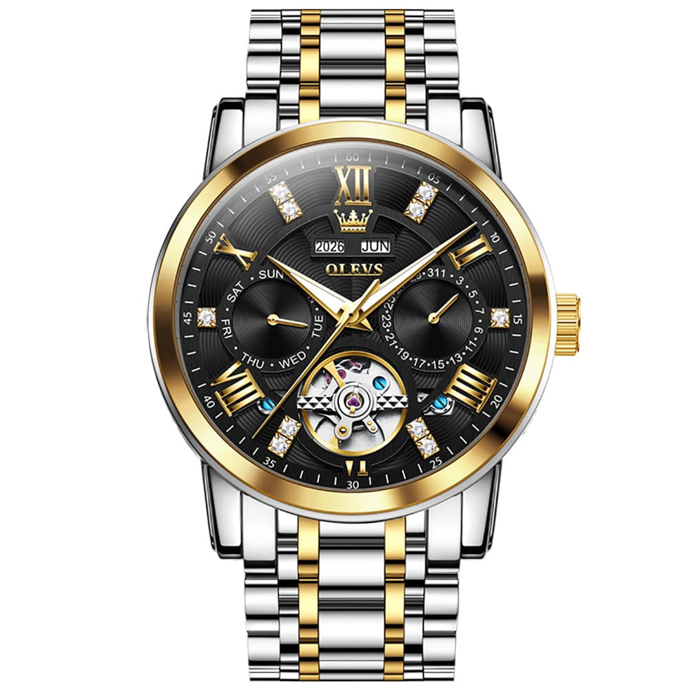 OLEVS 6701 Skeleton Automatic Mechanical Stainless Steel Watch For Men - Two Tone Black Watch | Olevs Watch Store