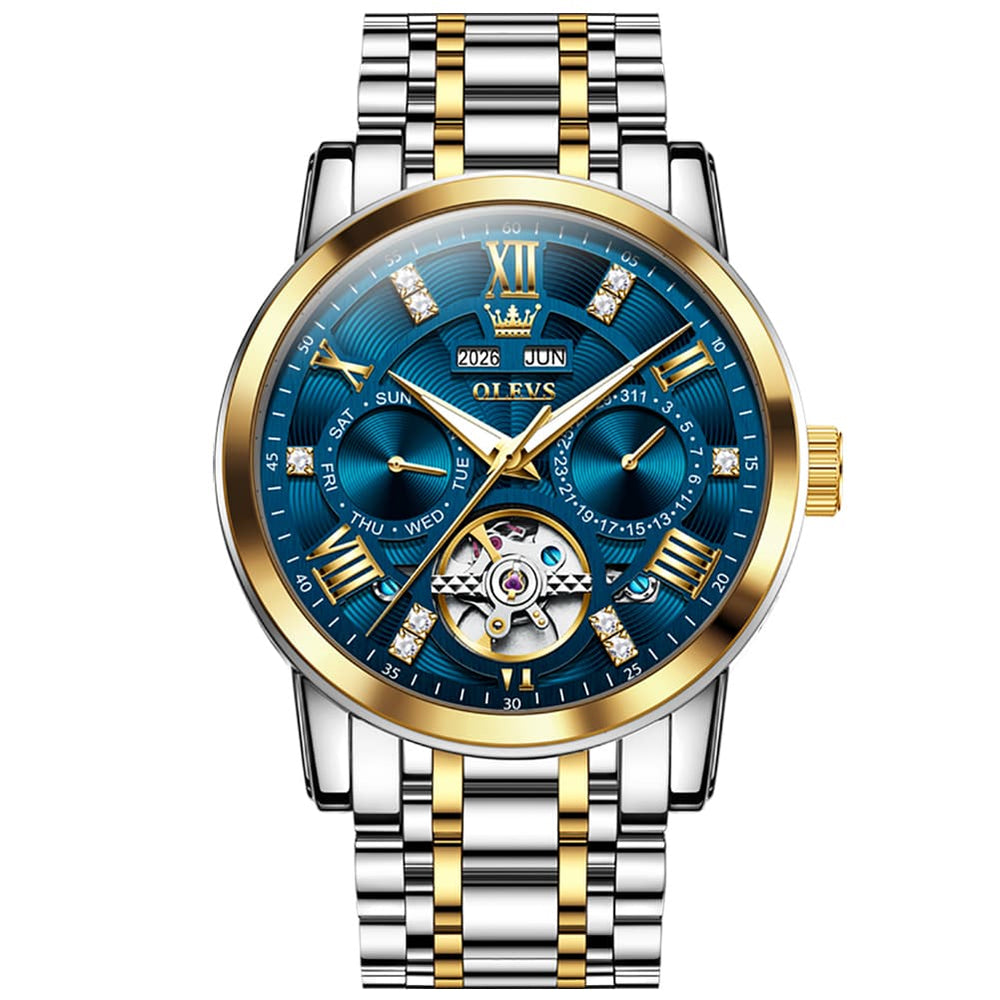 OLEVS 6701 Skeleton Automatic Mechanical Stainless Steel Watch For Men - Two Tone Blue Watch | Olevs Watch Store