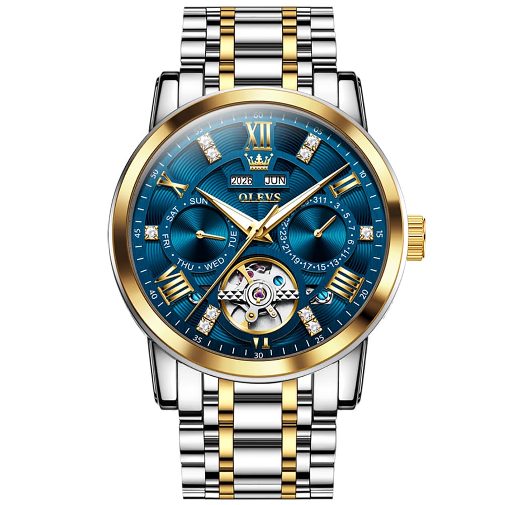 OLEVS 6701 Skeleton Automatic Mechanical Stainless Steel Watch For Men - Two Tone Blue Watch | Olevs Watch Store