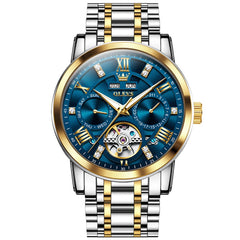 OLEVS 6701 Skeleton Automatic Mechanical Stainless Steel Watch For Men - Two Tone Blue Watch | Olevs Watch Store