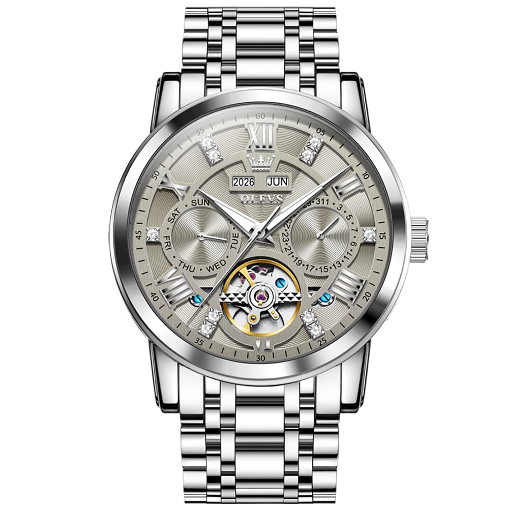 OLEVS 6701 Skeleton Automatic Mechanical Stainless Steel Watch For Men - silver gray Watch | Olevs Watch Store