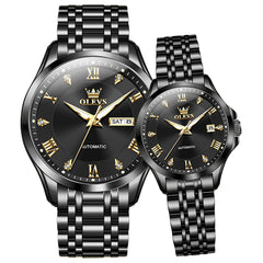 OLEVS 6702 Diamond Automatic Mechanical Watch For Couples - All Black Watch | Olevs Watch Store