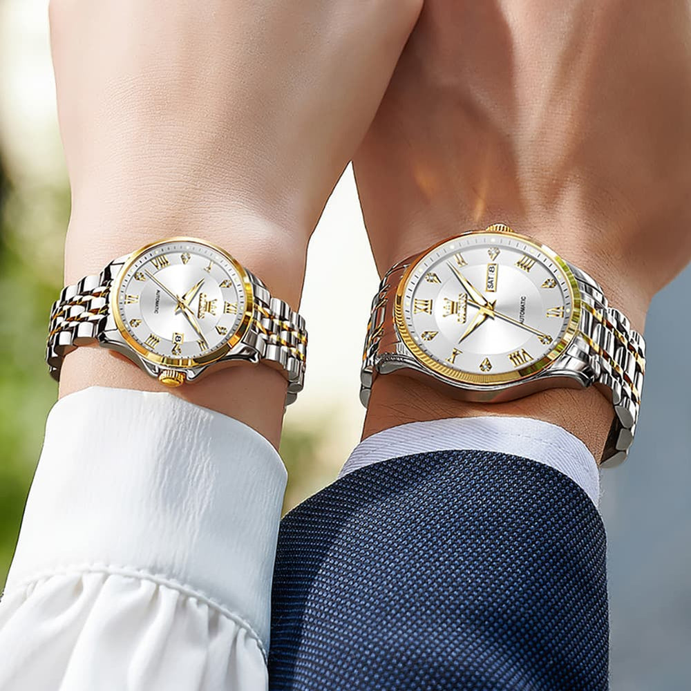 OLEVS 6702 Diamond Automatic Mechanical Watch For Couples - All Gold Watch | Olevs Watch Store