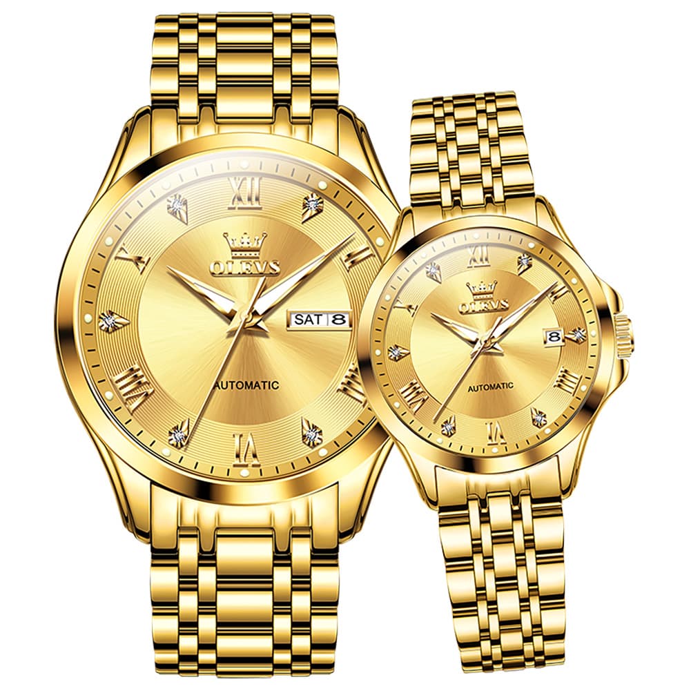 OLEVS 6702 Diamond Automatic Mechanical Watch For Couples - All Gold Watch | Olevs Watch Store