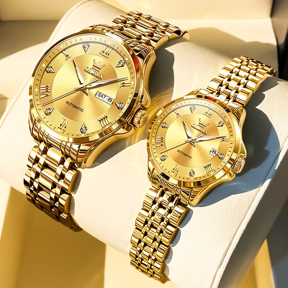 OLEVS 6702 Diamond Automatic Mechanical Watch For Couples - All Gold Watch | Olevs Watch Store