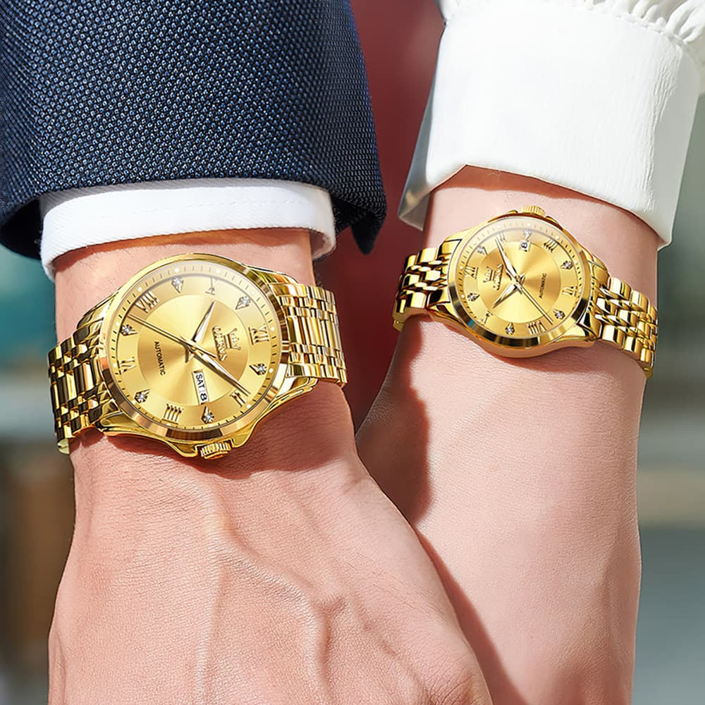 OLEVS 6702 Diamond Automatic Mechanical Watch For Couples - All Gold Watch | Olevs Watch Store