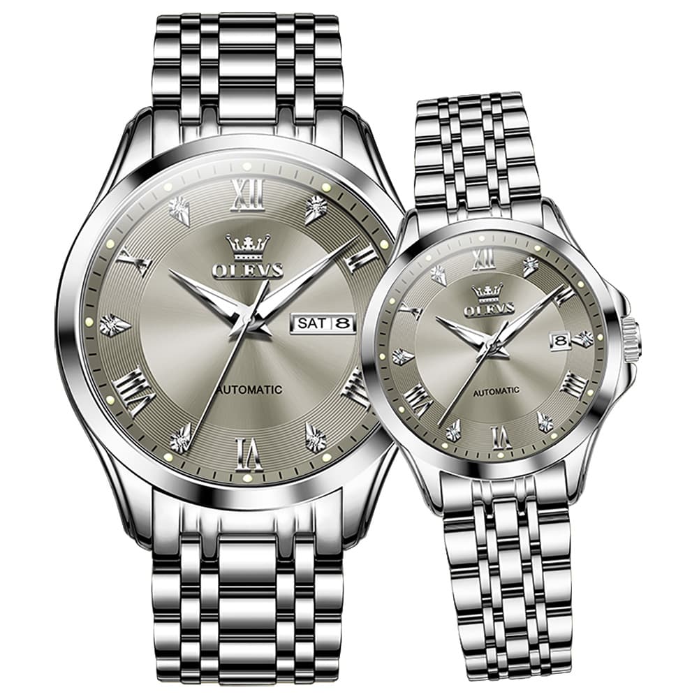 OLEVS 6702 Diamond Automatic Mechanical Watch For Couples - Silver Grey Watch | Olevs Watch Store