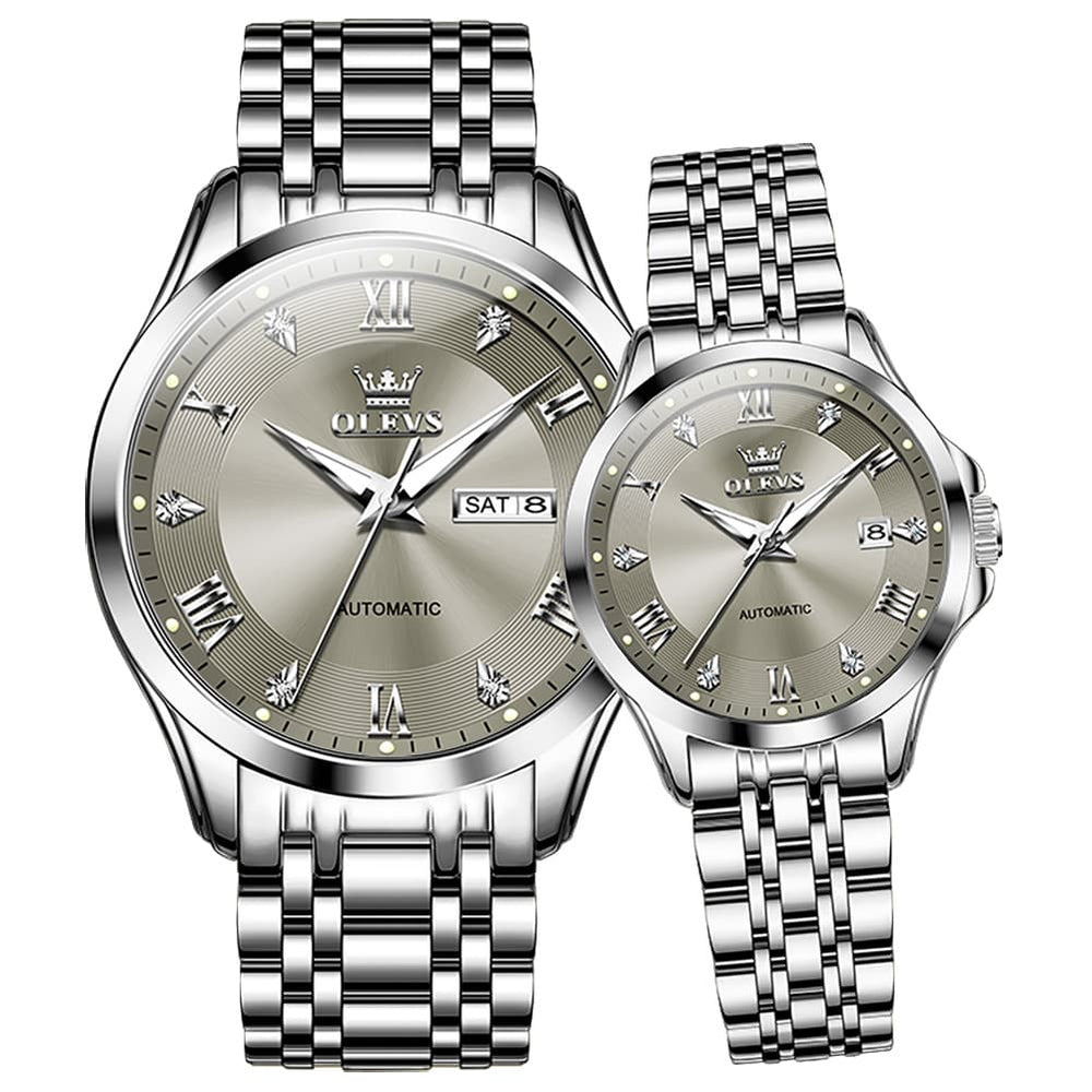 OLEVS 6702 Diamond Automatic Mechanical Watch For Couples - Silver Grey Watch | Olevs Watch Store