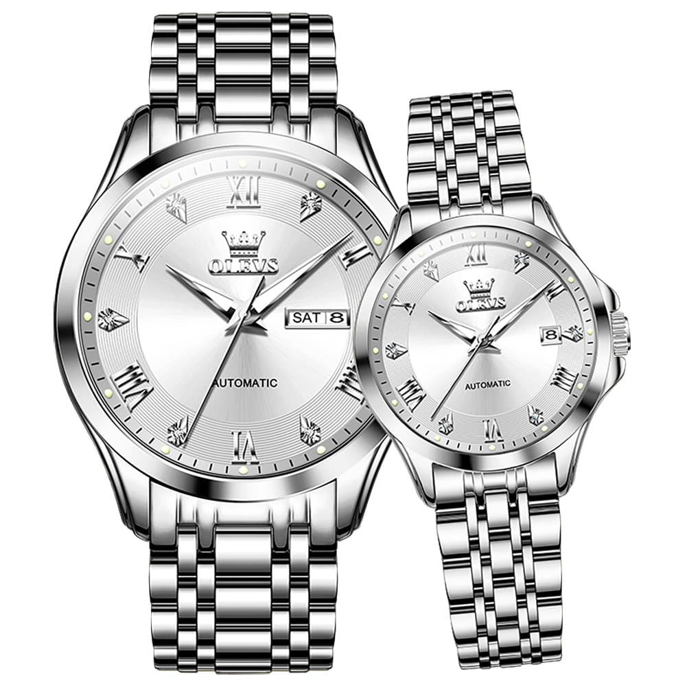 OLEVS 6702 Diamond Automatic Mechanical Watch For Couples - Silver White Watch | Olevs Watch Store