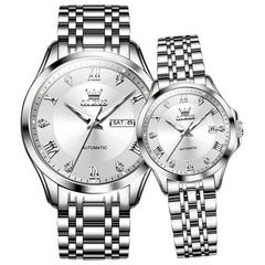 OLEVS 6702 Diamond Automatic Mechanical Watch For Couples - Silver White Watch | Olevs Watch Store