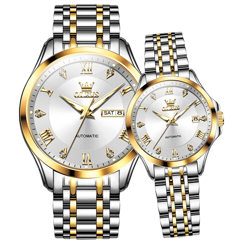 OLEVS 6702 Diamond Automatic Mechanical Watch For Couples - Two Tone White Watch | Olevs Watch Store