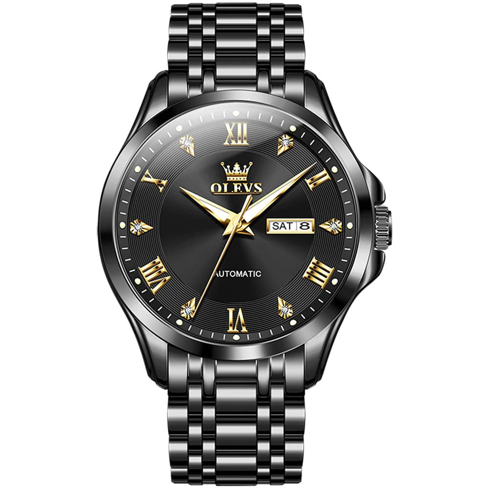 OLEVS 6702 Diamond Dial Automatic Mechanical Watch For Men - All Black Watch | Olevs Watch Store