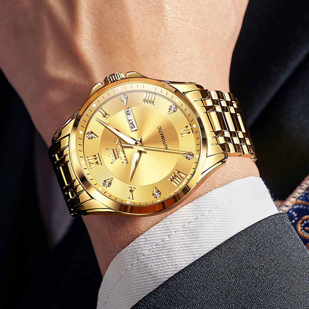 OLEVS 6702 Diamond Dial Automatic Mechanical Watch For Men - All Gold Watch | Olevs Watch Store