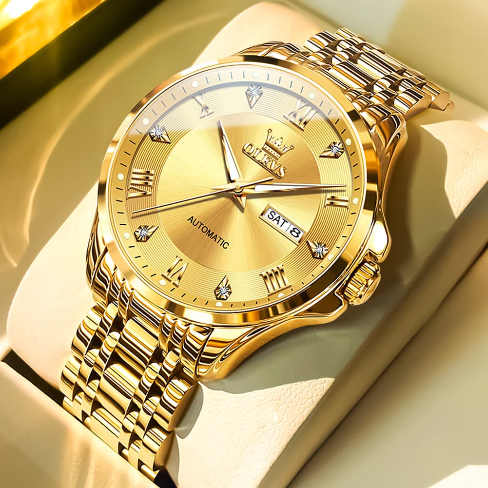 OLEVS 6702 Diamond Dial Automatic Mechanical Watch For Men - All Gold Watch | Olevs Watch Store