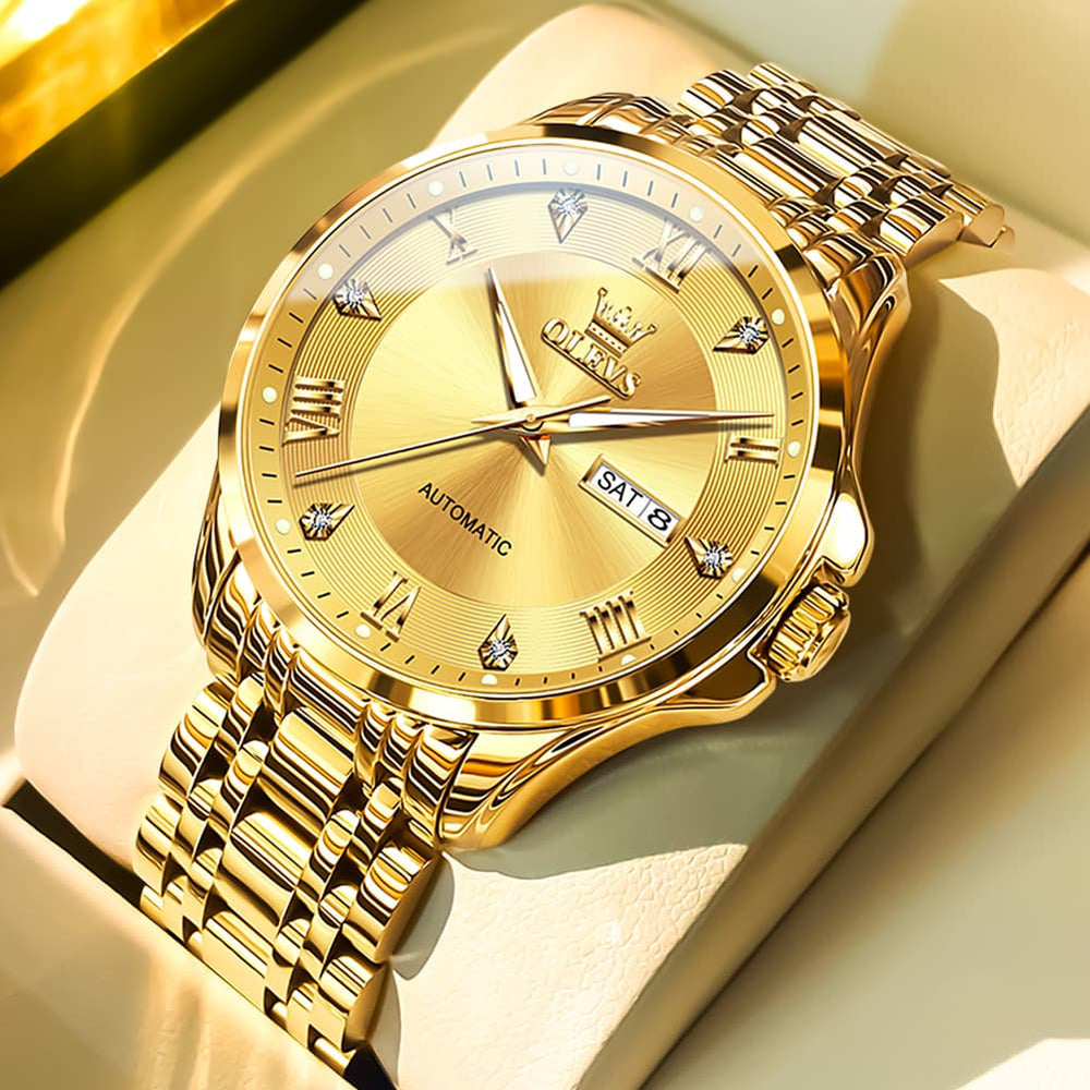 OLEVS 6702 Diamond Dial Automatic Mechanical Watch For Men - All Gold Watch | Olevs Watch Store