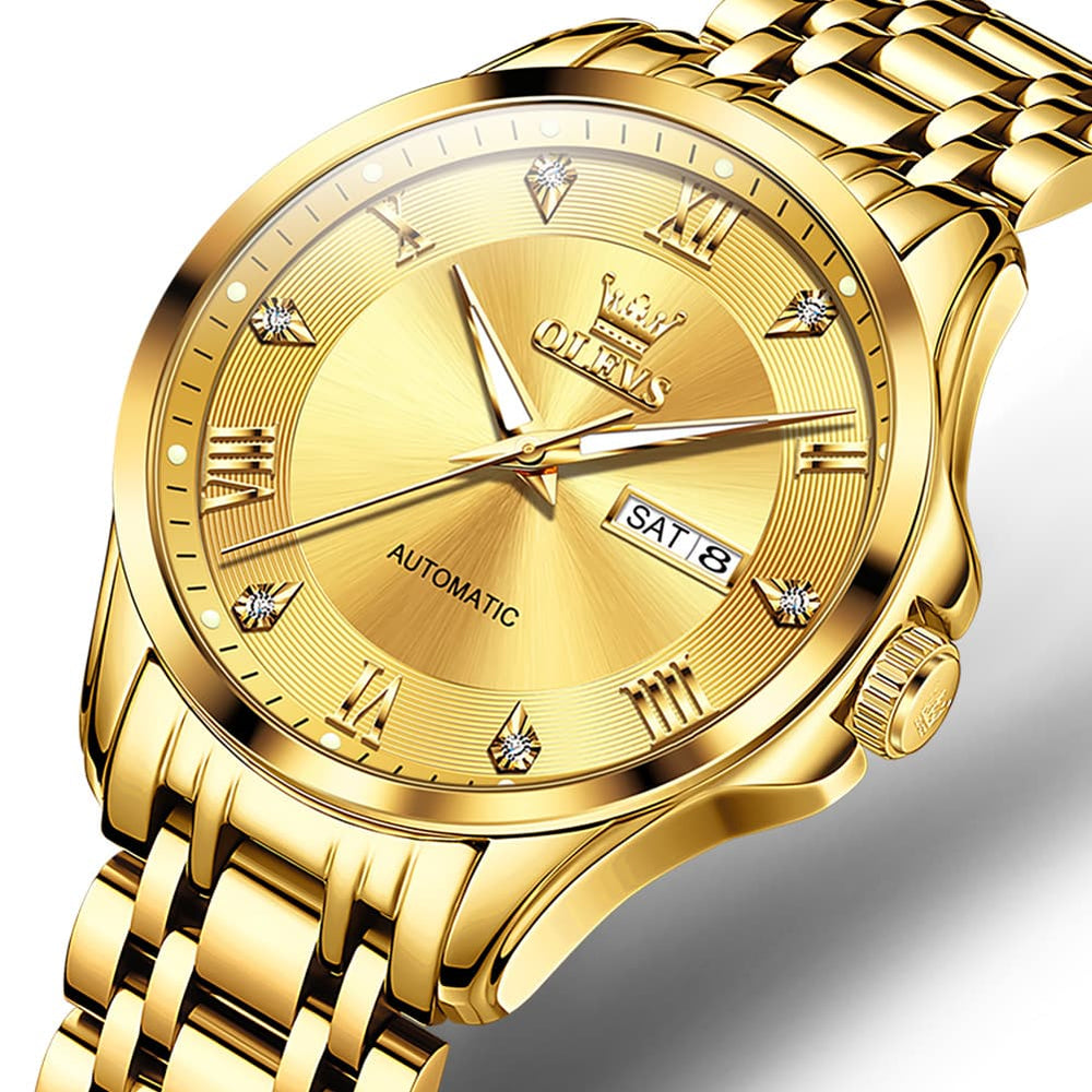 OLEVS 6702 Diamond Dial Automatic Mechanical Watch For Men - All Gold Watch | Olevs Watch Store