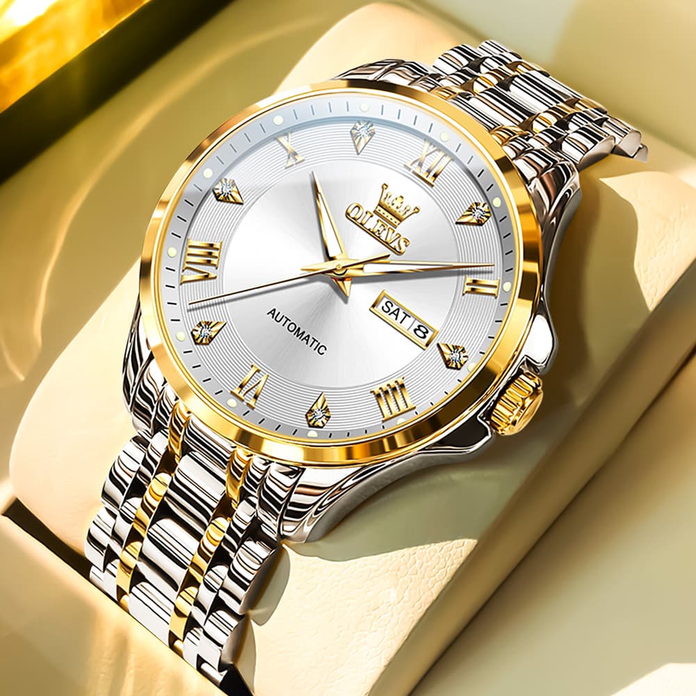 OLEVS 6702 Diamond Dial Automatic Mechanical Watch For Men - All Gold Watch | Olevs Watch Store