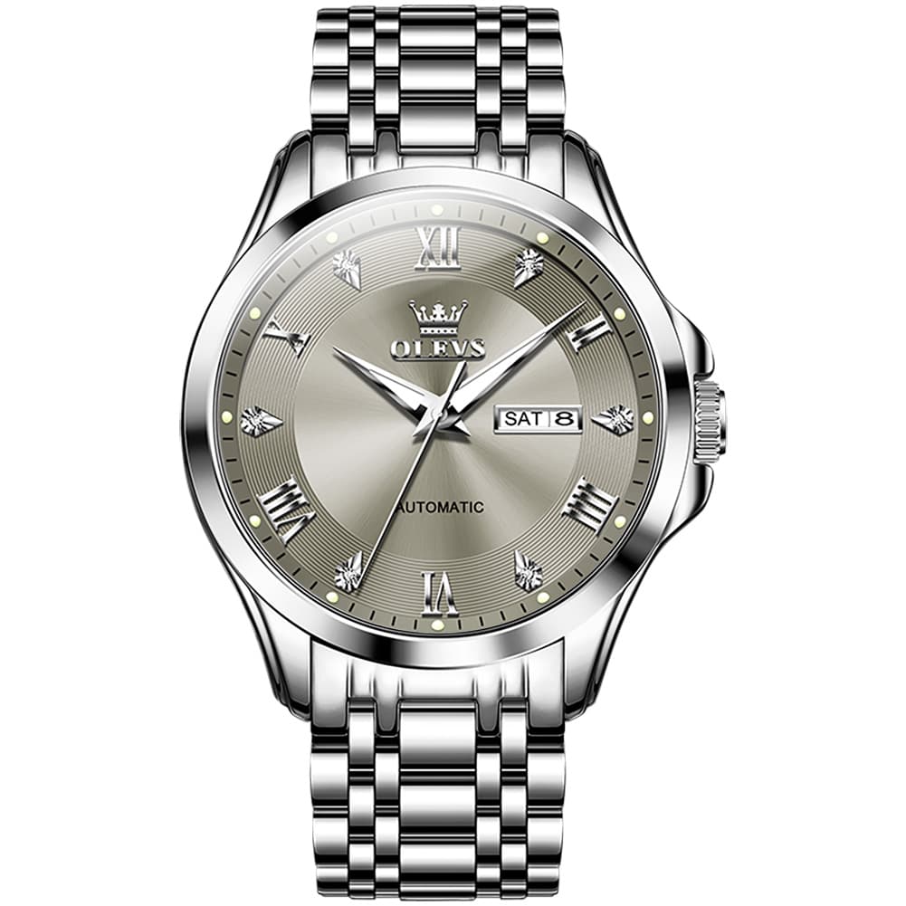 OLEVS 6702 Diamond Dial Automatic Mechanical Watch For Men - Silver Grey Watch | Olevs Watch Store