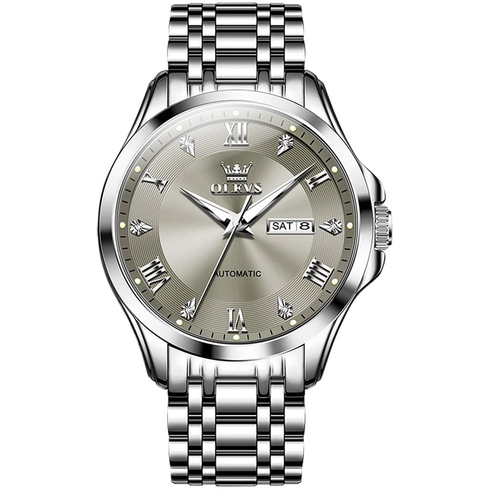 OLEVS 6702 Diamond Dial Automatic Mechanical Watch For Men - Silver Grey Watch | Olevs Watch Store