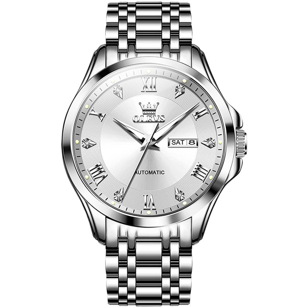 OLEVS 6702 Diamond Dial Automatic Mechanical Watch For Men - Silver White Watch | Olevs Watch Store
