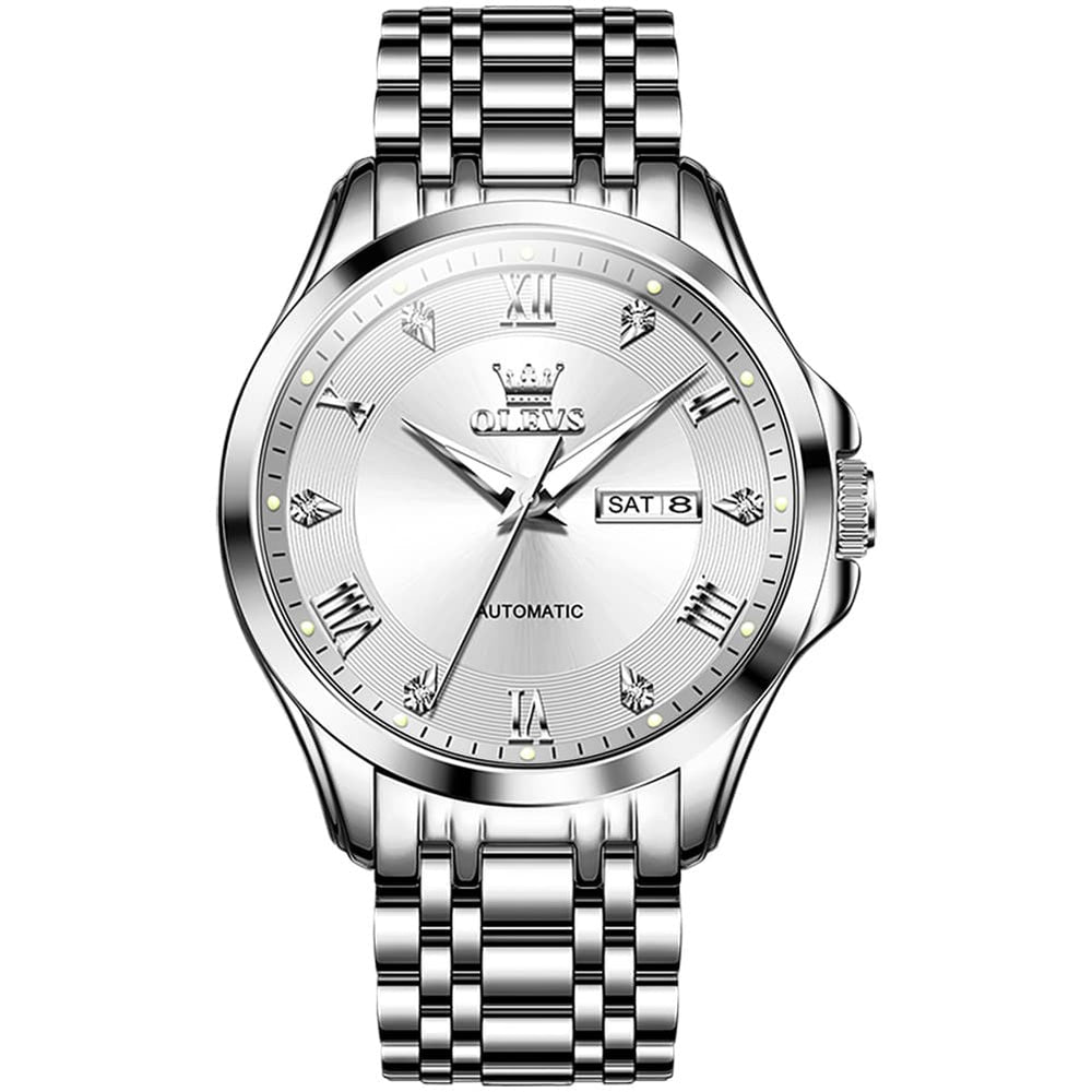 OLEVS 6702 Diamond Dial Automatic Mechanical Watch For Men - Silver White Watch | Olevs Watch Store