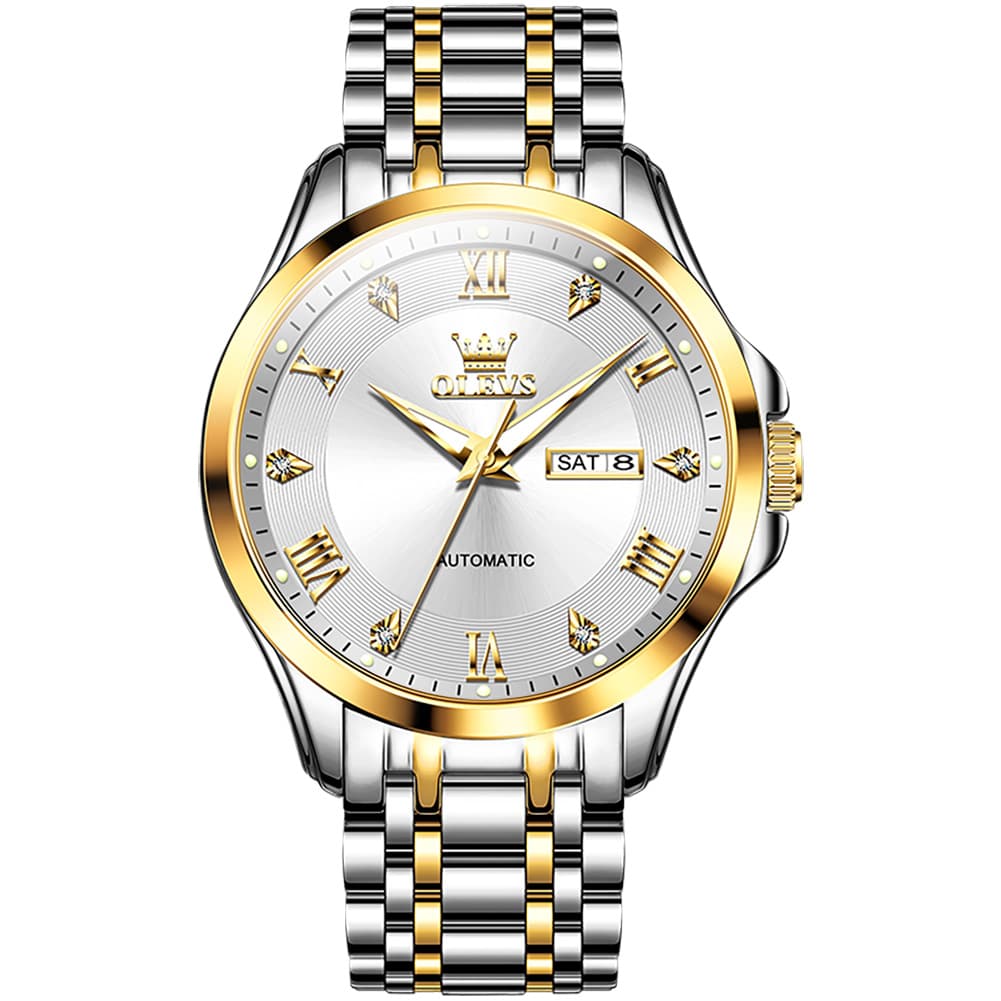 OLEVS 6702 Diamond Dial Automatic Mechanical Watch For Men - Two Tone White Watch | Olevs Watch Store