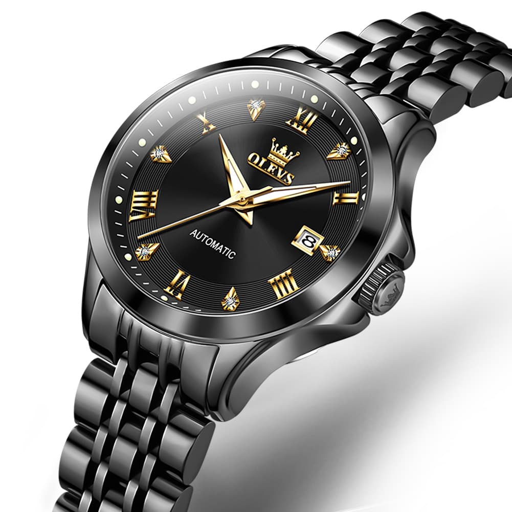 OLEVS 6702 Elegant Diamond Automatic Mechanical Watch For Women - All Black Watch | Olevs Watch Store