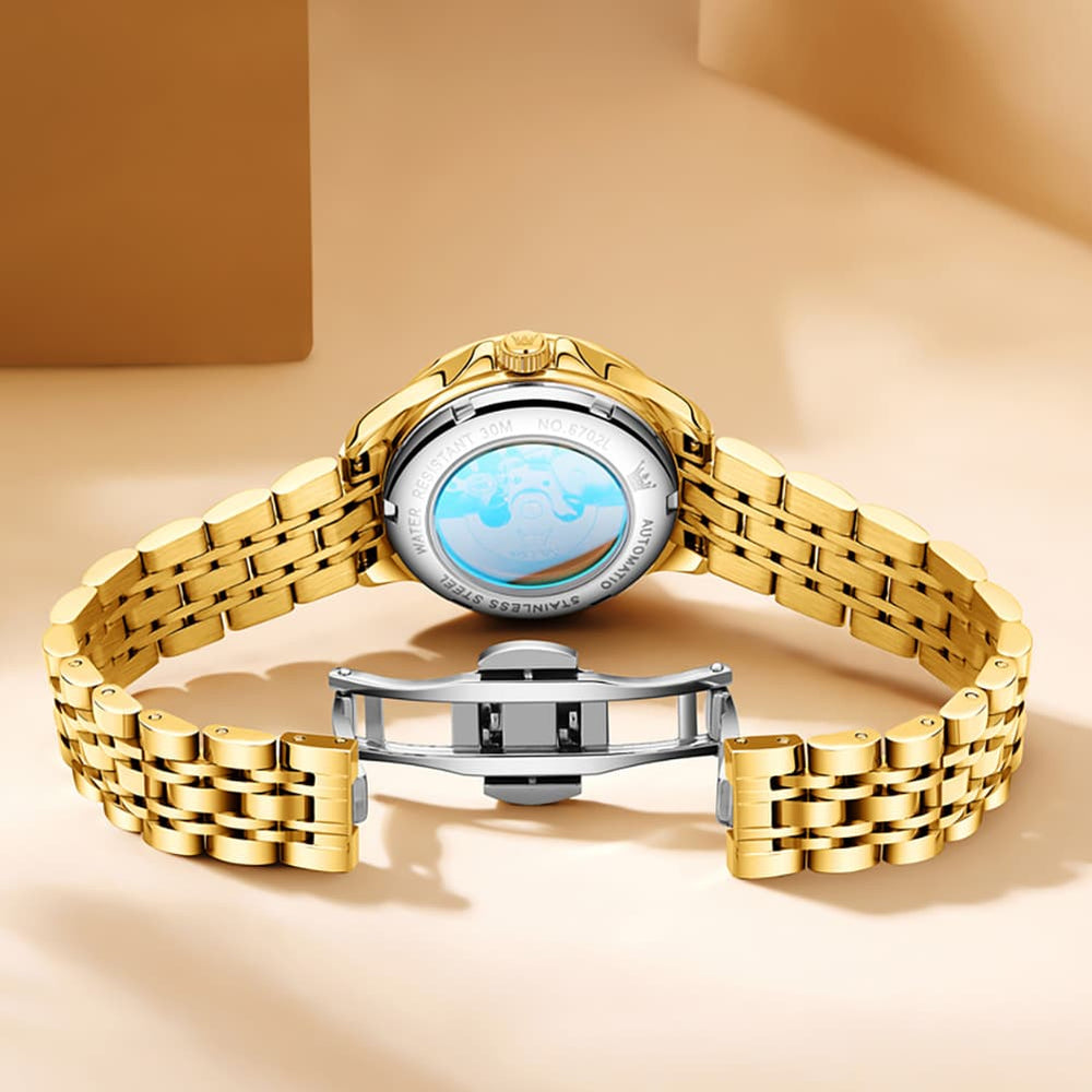 OLEVS 6702 Elegant Diamond Automatic Mechanical Watch For Women - All Gold Watch | Olevs Watch Store