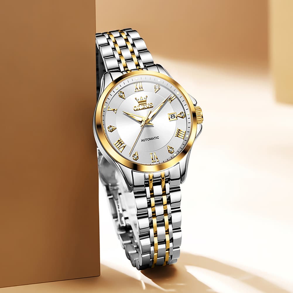 OLEVS 6702 Elegant Diamond Automatic Mechanical Watch For Women - All Gold Watch | Olevs Watch Store